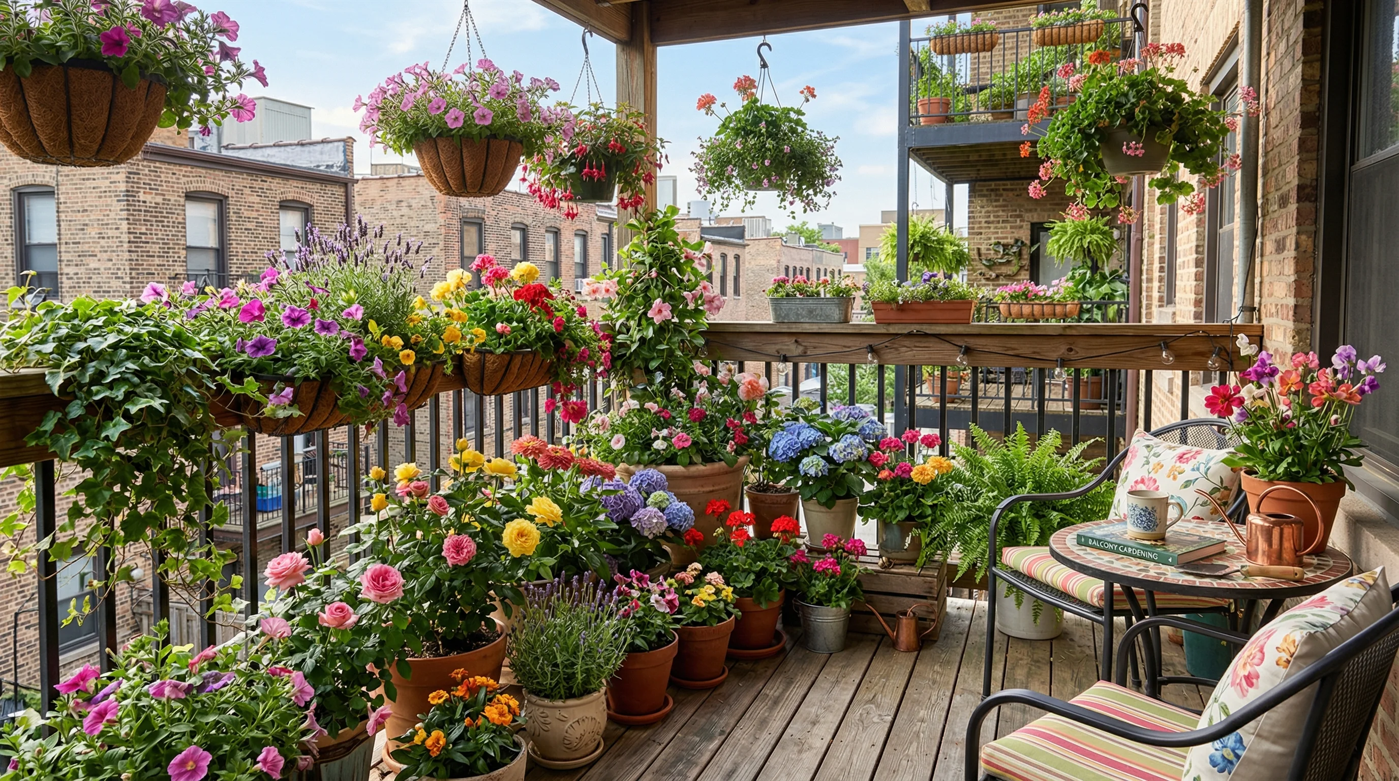 A cozy balcony filled with colorful cut flowers in containers and hanging baskets.
